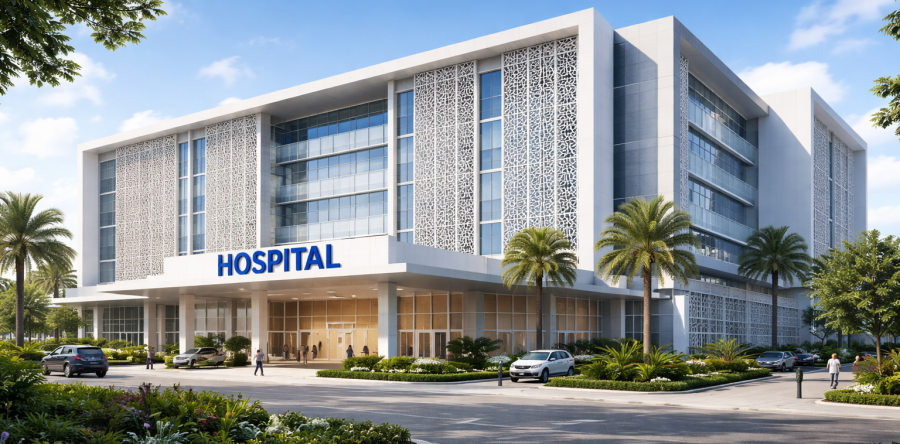 Fasad Rumah Sakit dengan Panel GRC Krawangan: Solusi Estetika dan Fungsional untuk Bangunan Kesehatan Modern