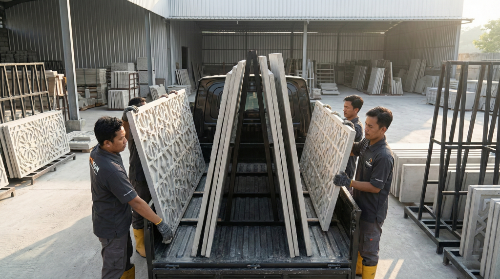 Proses pemasangan GRC panel ornamen arsitektur oleh tim profesional GRC Artikon