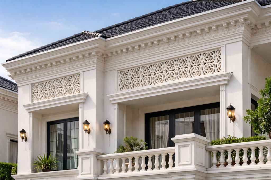 GRC lisplang cornice dan roster beton pracetak untuk fasad bangunan elegan