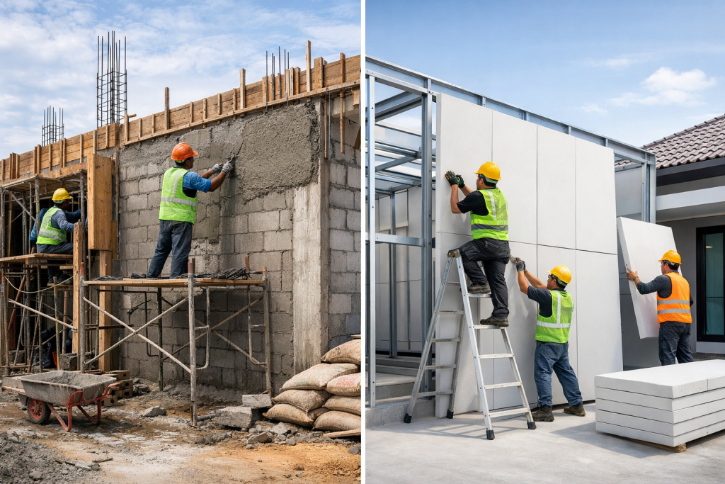 Perbandingan pemasangan GRC panel yang ringan dan cepat dibanding material konvensional