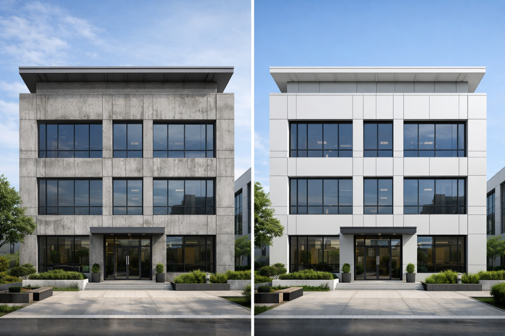 Perbandingan tampilan bangunan tanpa dan dengan material fasad GRC yang tepat