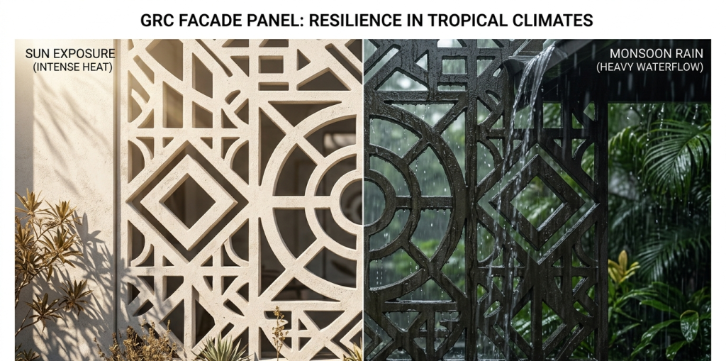 GRC mempertahankan integritas material dan estetika fasad hotel dalam kondisi cuaca ekstrem sekalipun, dari terik matahari hingga hujan deras musim hujan tropis.