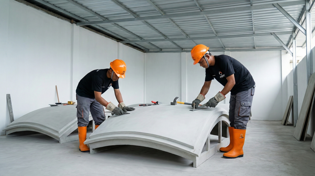  Proses produksi di workshop Artikon mengutamakan kontrol kualitas yang ketat, mulai dari pemilihan bahan baku hingga proses curing beton yang sempurna.