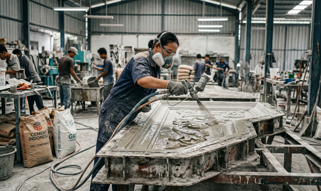 Metode hand spraying dalam produksi GRC memungkinkan pengerjaan panel dengan motif dan bentuk tiga dimensi yang kompleks, dengan setiap lapisan dikontrol secara manual untuk memastikan ketebalan dan distribusi serat yang optimal.