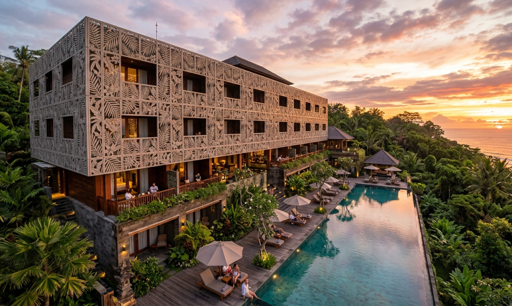 Motif krawangan kustom terinspirasi alam tropis menjadikan fasad resort tidak hanya indah secara visual tetapi juga bercerita tentang identitas budaya dan alam destinasi wisata setempat.