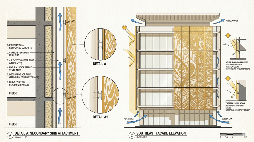 Ruang udara antara dinding utama dan secondary skin bekerja sebagai buffer zone alami yang meredam panas dan meningkatkan sirkulasi udara di dalam ruangan.
