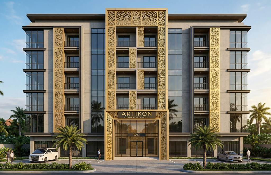 ACP Ornament Artikon sebagai secondary skin pada bangunan komersial perpaduan fungsi perlindungan termal dan identitas visual premium yang bekerja dua puluh empat jam sehari.