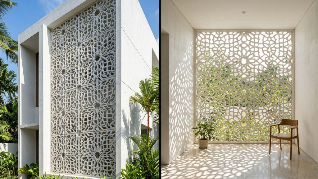 Satu panel GRC Krawangan bekerja dua arah sekaligus: melindungi dari terik matahari di sisi luar, dan menghadirkan permainan cahaya yang indah di sisi dalam bangunan.