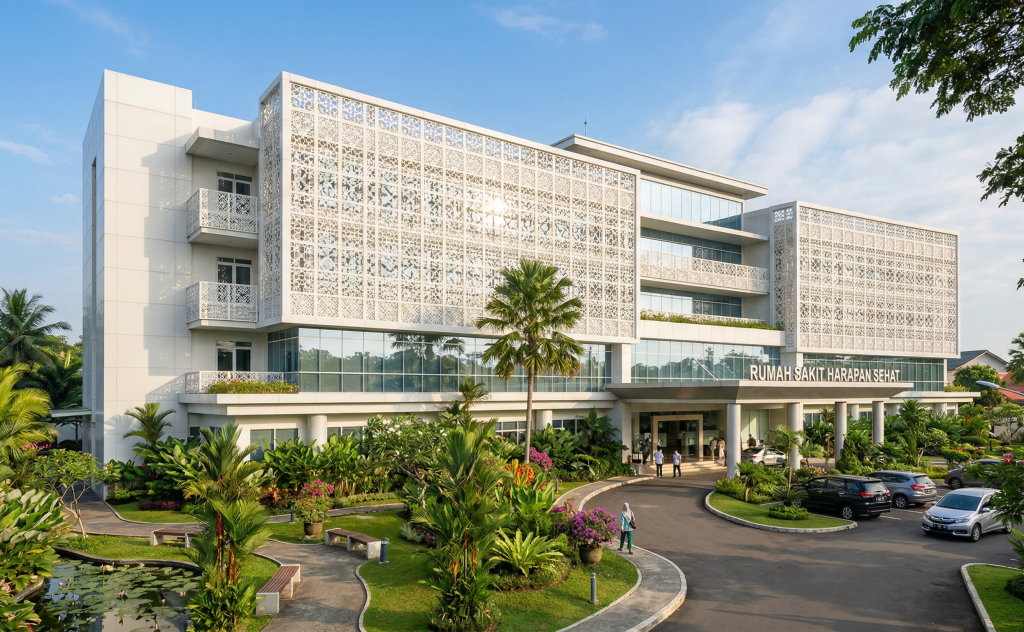  Fasad rumah sakit berbahan GRC menghadirkan tampilan yang bersih, profesional, dan menenangkan sekaligus mendukung konsep healing architecture melalui pencahayaan dan sirkulasi udara alami yang optimal.