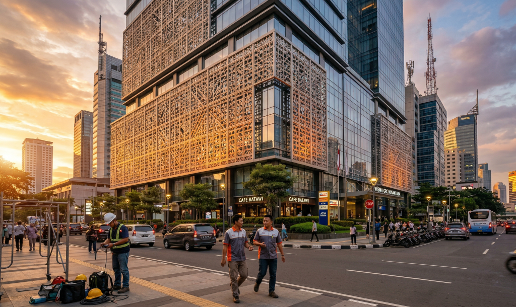 Implementasi GRC Krawangan sebagai kulit kedua bangunan tidak hanya meningkatkan nilai estetika, tetapi juga berfungsi sebagai filter cahaya alami yang efektif.