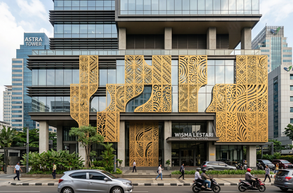 ACP Ornament Gold menghadirkan perpaduan sempurna antara keindahan motif yang dipotong presisi dengan kilau emas yang hangat dan elegan pada fasad bangunan modern Indonesia.
