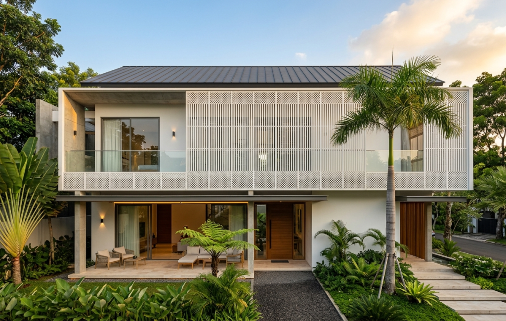  Pada hunian bergaya minimalis modern, GRC Krawangan sebagai secondary skin menambah dimensi visual yang kuat tanpa mengorbankan kesan bersih dan rapi pada fasad.