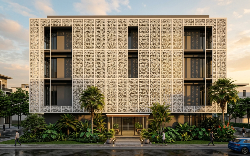 GRC Krawangan hadir sebagai elemen fasad yang memadukan fungsi ventilasi alami, penyaring cahaya matahari, dan estetika arsitektur dalam satu material yang kuat dan tahan lama.