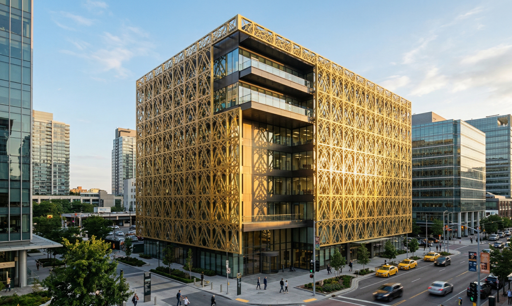 Sebagai secondary skin, ACP Ornament Gold tidak hanya memperindah fasad secara visual tetapi juga menciptakan permainan bayangan dinamis yang berubah mengikuti intensitas cahaya sepanjang hari.