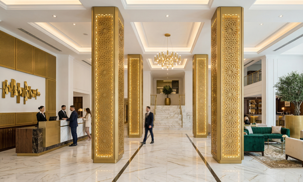 Kolom struktural yang dibalut ACP Ornament Gold bertransformasi menjadi elemen estetika yang memperkuat kesan mewah dan eksklusif pada ruang lobi komersial maupun hospitality.