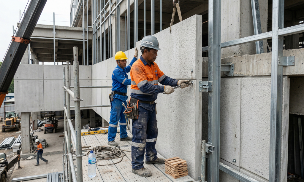 Efisiensi instalasi dan sistem pendukung yang terukur menjadikan GRC sebagai material fasad yang reliabel untuk proyek gedung bertingkat dengan jadwal pengerjaan ketat.